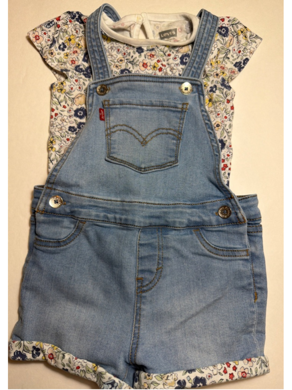 Baby Girl Levi's Blue Denim Overalls with Floral Bodysuit 24 Months